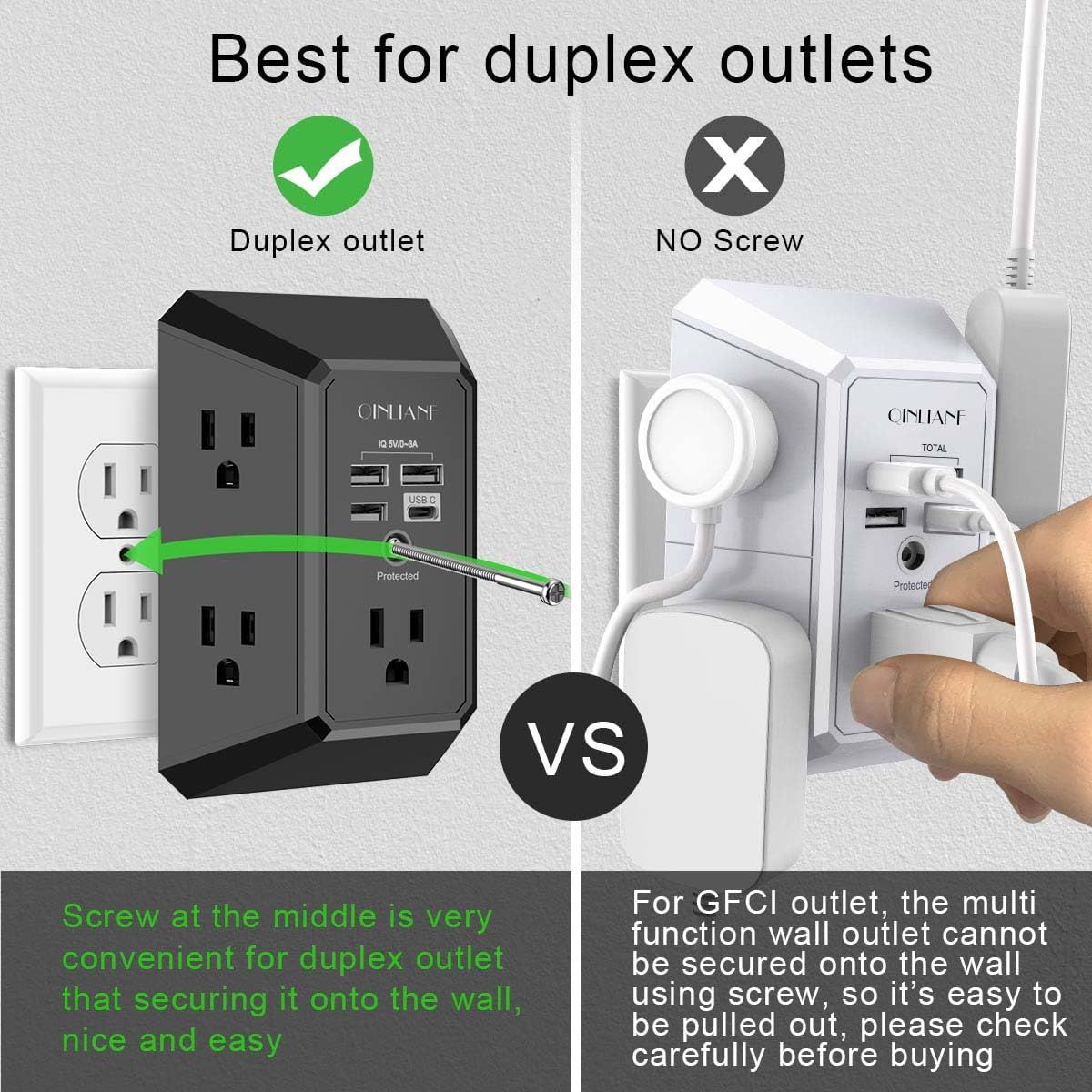USB Wall Charger, Surge Protector, QINLIANF 5 Outlet Extender with 4
