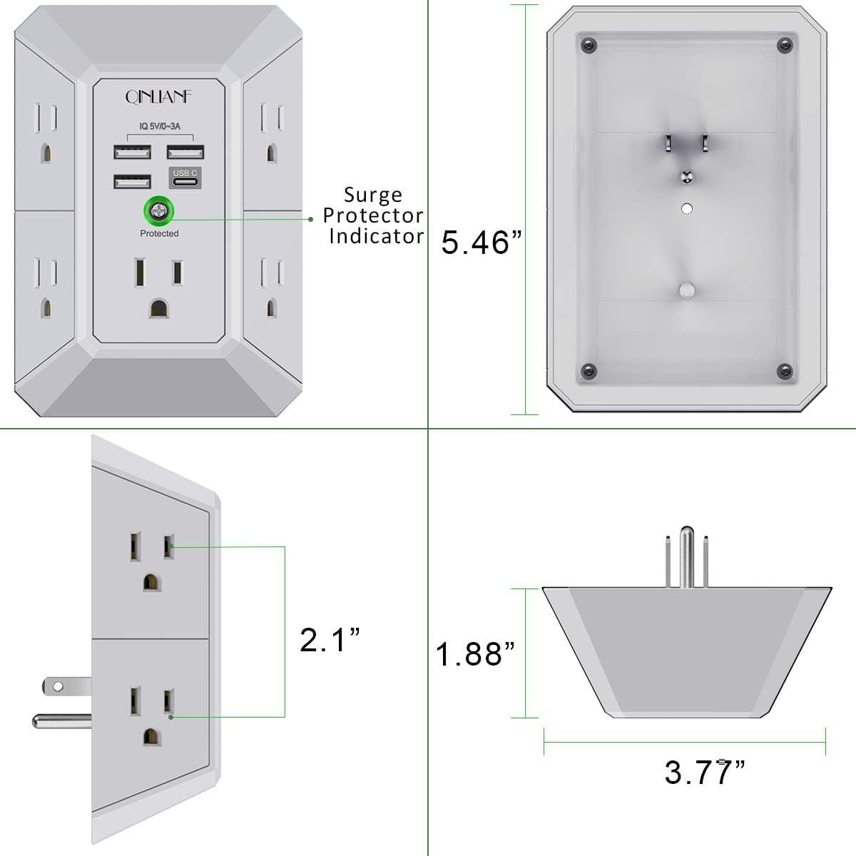 USB Wall Charger, Surge Protector, QINLIANF 5 Outlet Extender with 4