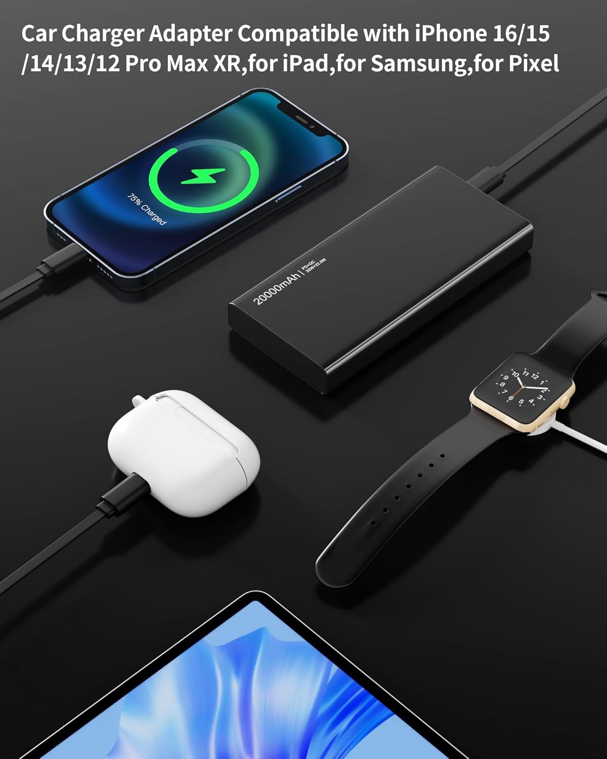 Retractable Car Charger, 4 in 1 Fast Charging Car Charger with USB-C &