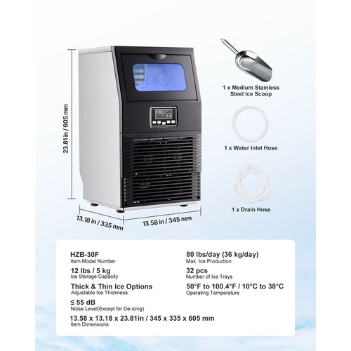 Commercial Ice Maker Machine, 80 lbs/24h with 12Lbs Storage, 32 Cubes