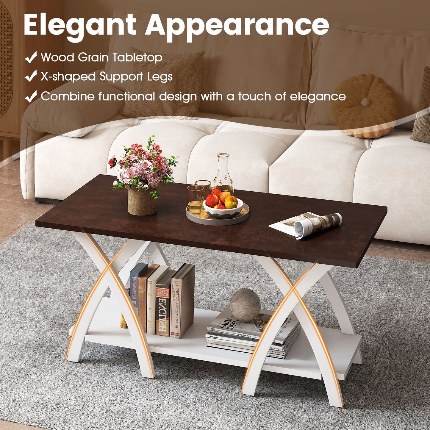 40 Inch Farmhouse Wooden 2-Tier Coffee Table with Storage Shelf for