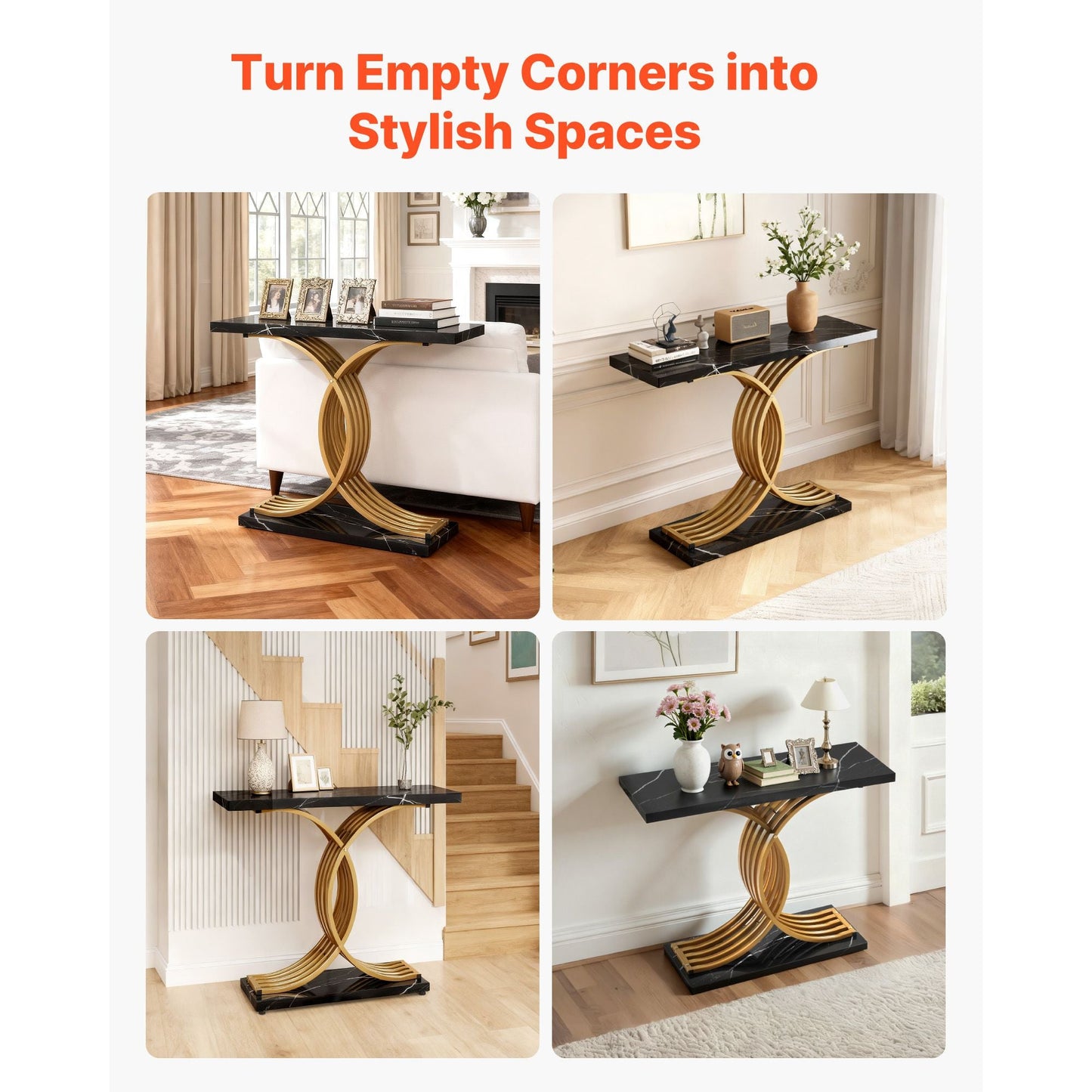 39 in Gold Console Table, Modern Desk Behind the Couch, Wood Rectangle