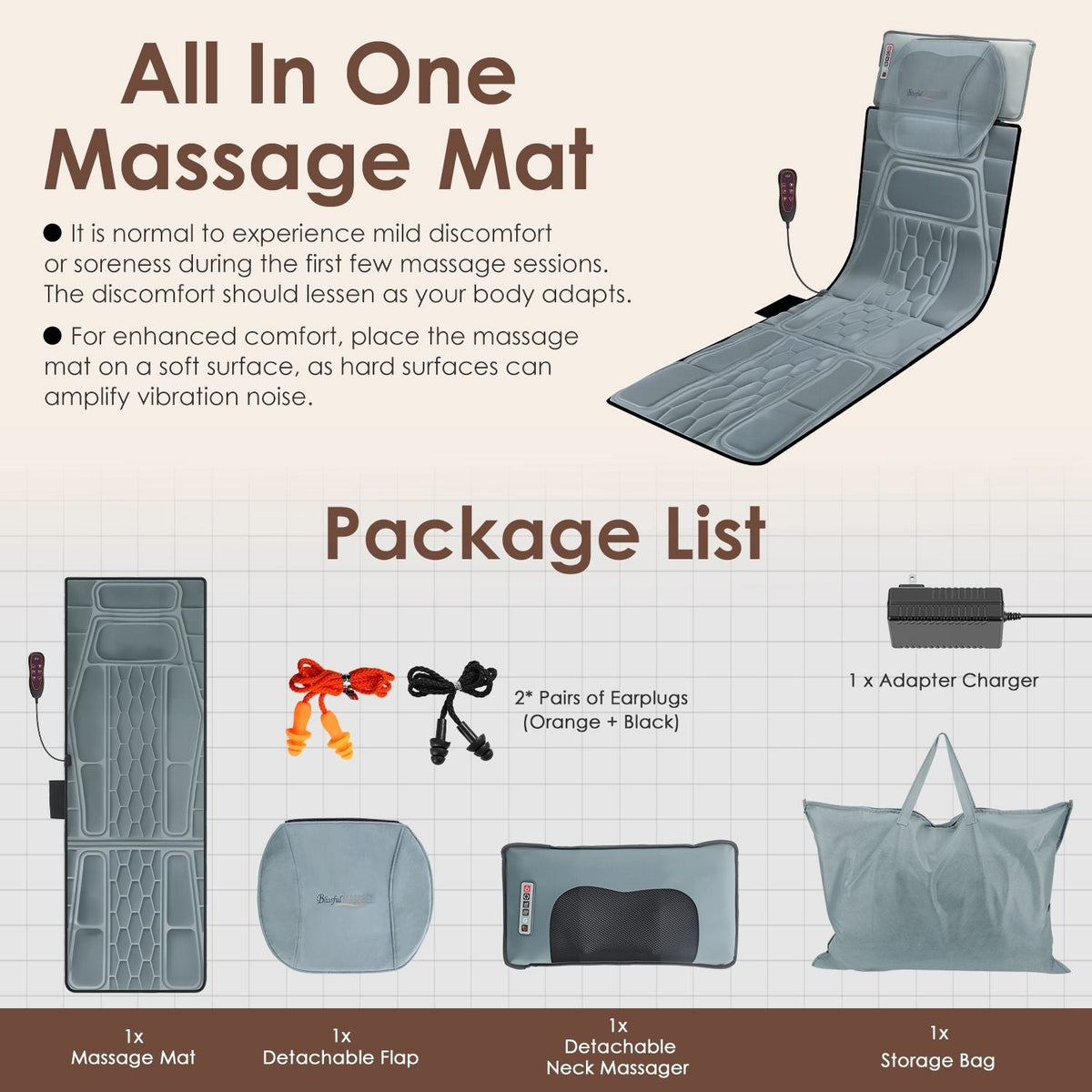 Flannel / PU Material Options - 1 Pc Full Body Massage Mat
