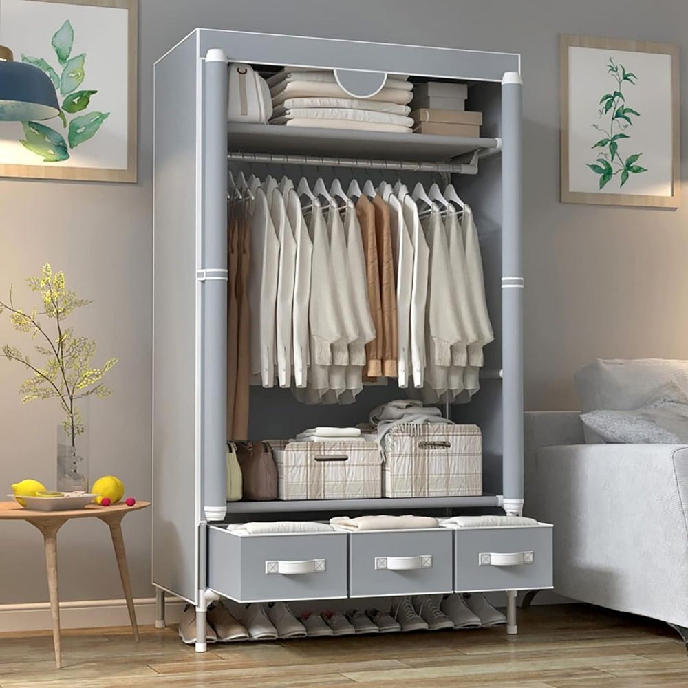 Portable Clothes Closet Rolling Door Wardrobe with Hanging Rack