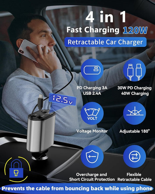 Retractable Car Charger, 4 in 1 Fast Charging Car Charger with USB-C &