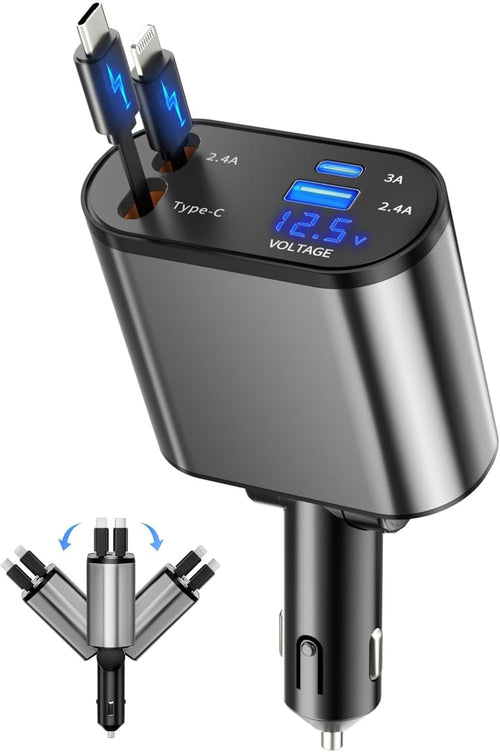 Retractable Car Charger, 4 in 1 Fast Charging Car Charger with USB-C &