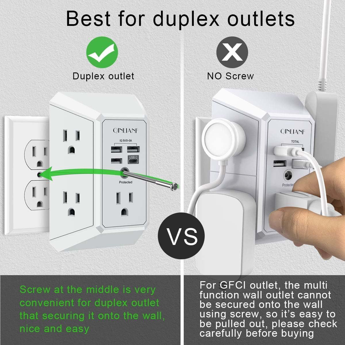 Wall Charger, Surge Protector, QINLIANF 5 Outlet Extender with 4 USB