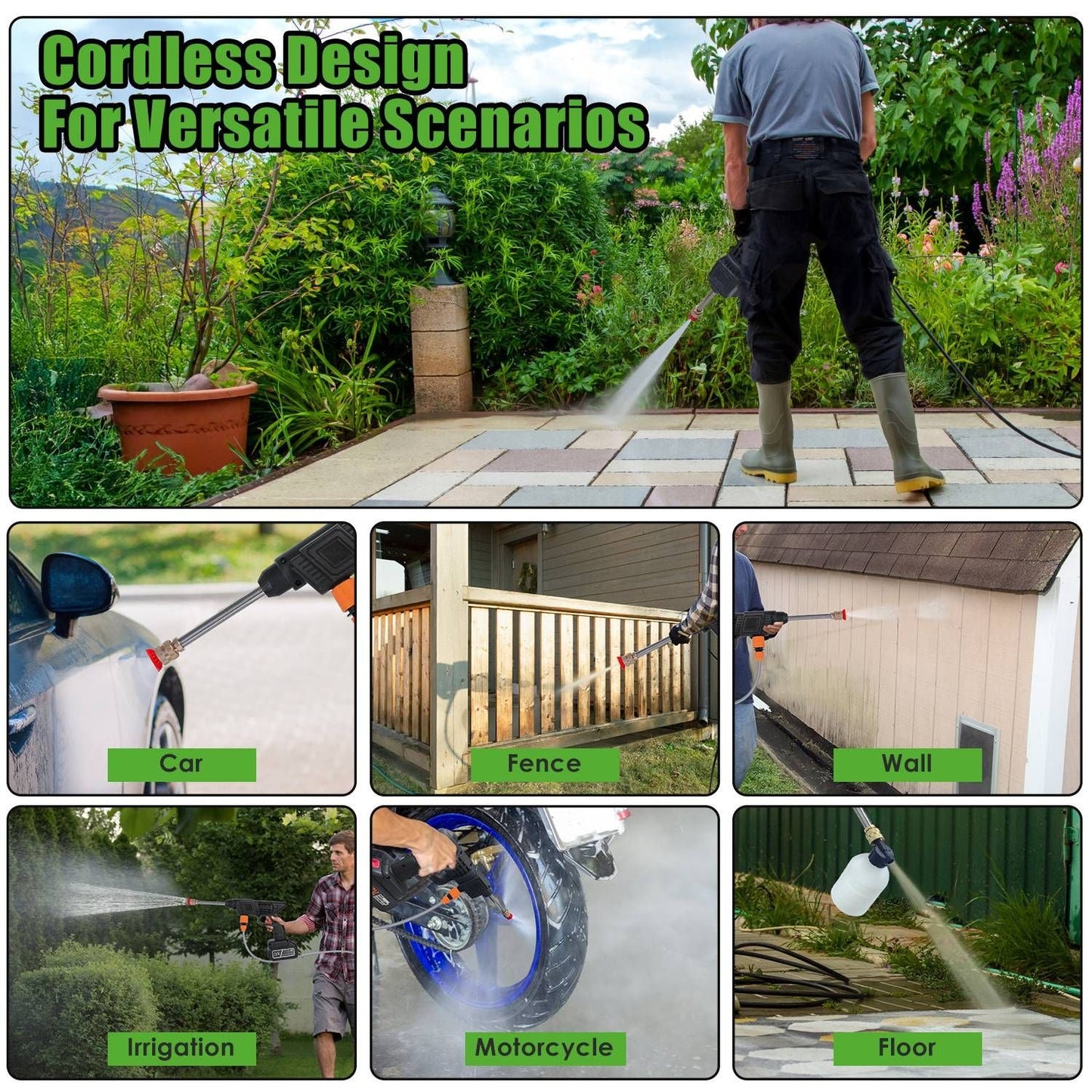Cordless Pressure Washer 400PSI, 300W Portable Power Washer with 2