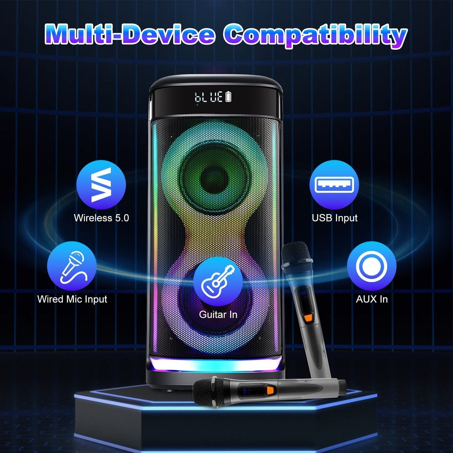 Portable Wireless Party Speaker with LED Light Wireless Mic Remote