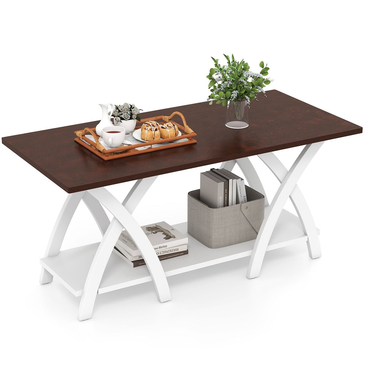 40 Inch Farmhouse Wooden 2-Tier Coffee Table with Storage Shelf for