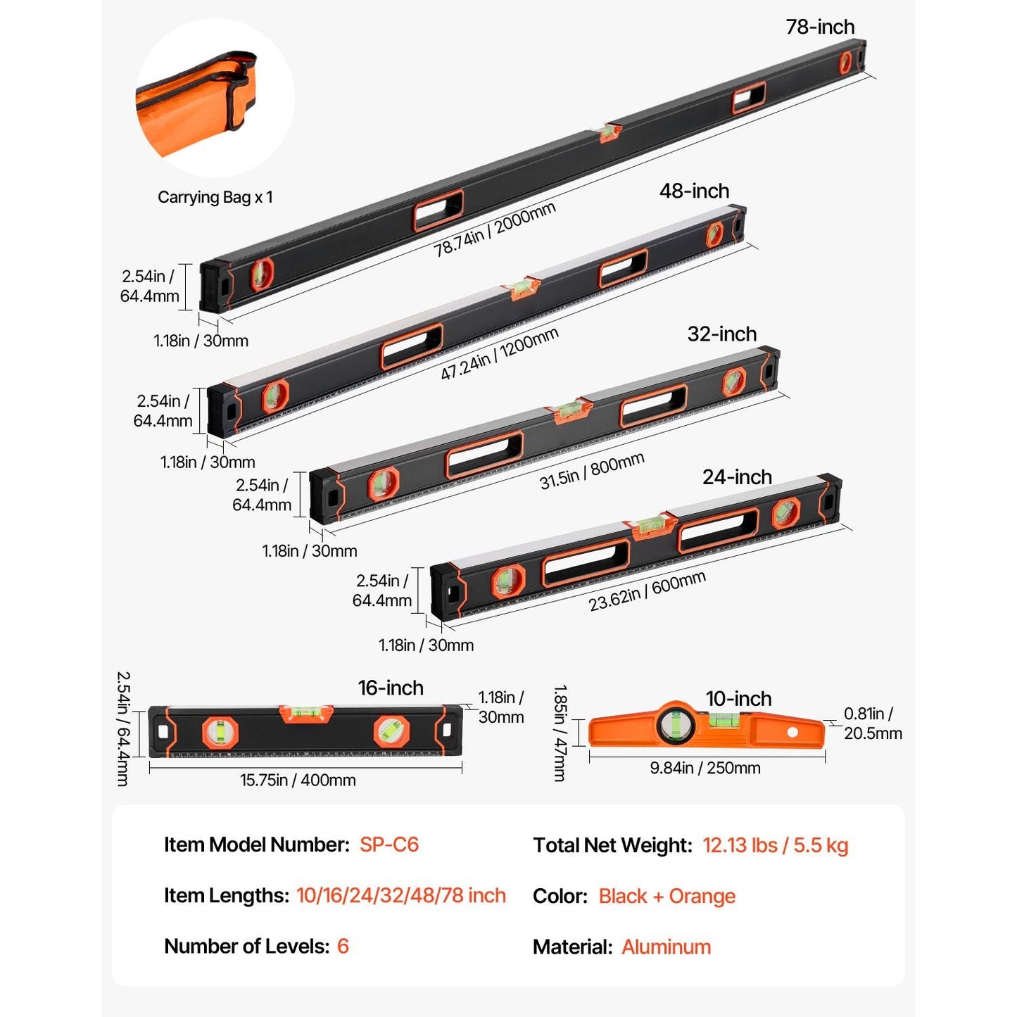 6-Piece Torpedo Level, 78/48/32/24/16/10 Inch All Magnetic Levels Set,