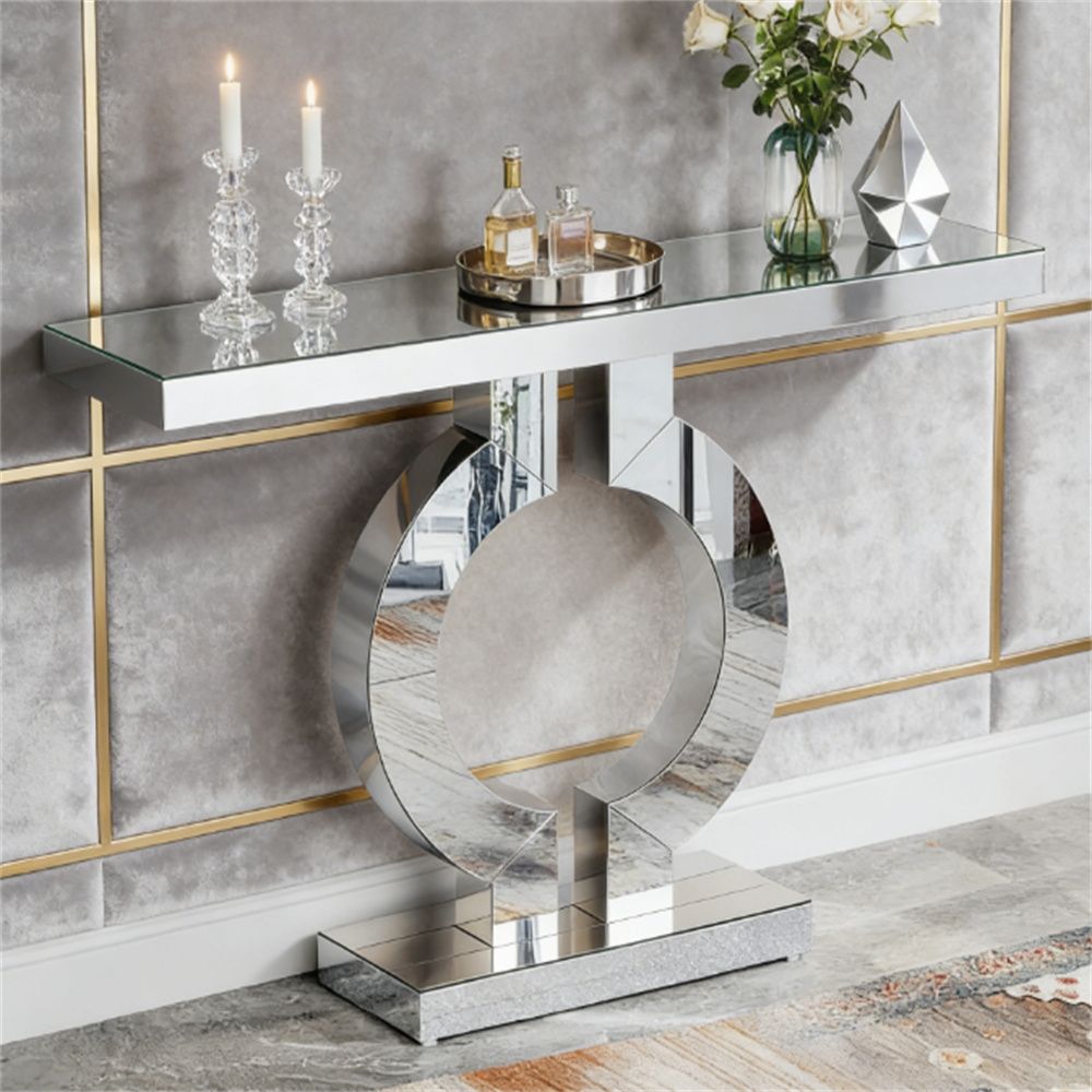 Mirror console, modern sofa table, storage area, elegant display space