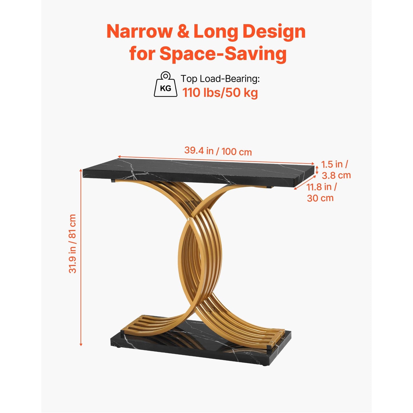 39 in Gold Console Table, Modern Desk Behind the Couch, Wood Rectangle
