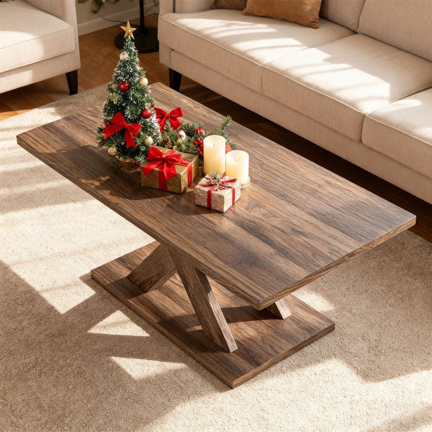 37.5 Inch Rectangular Coffee Table with Stable Base and Rubber Wood