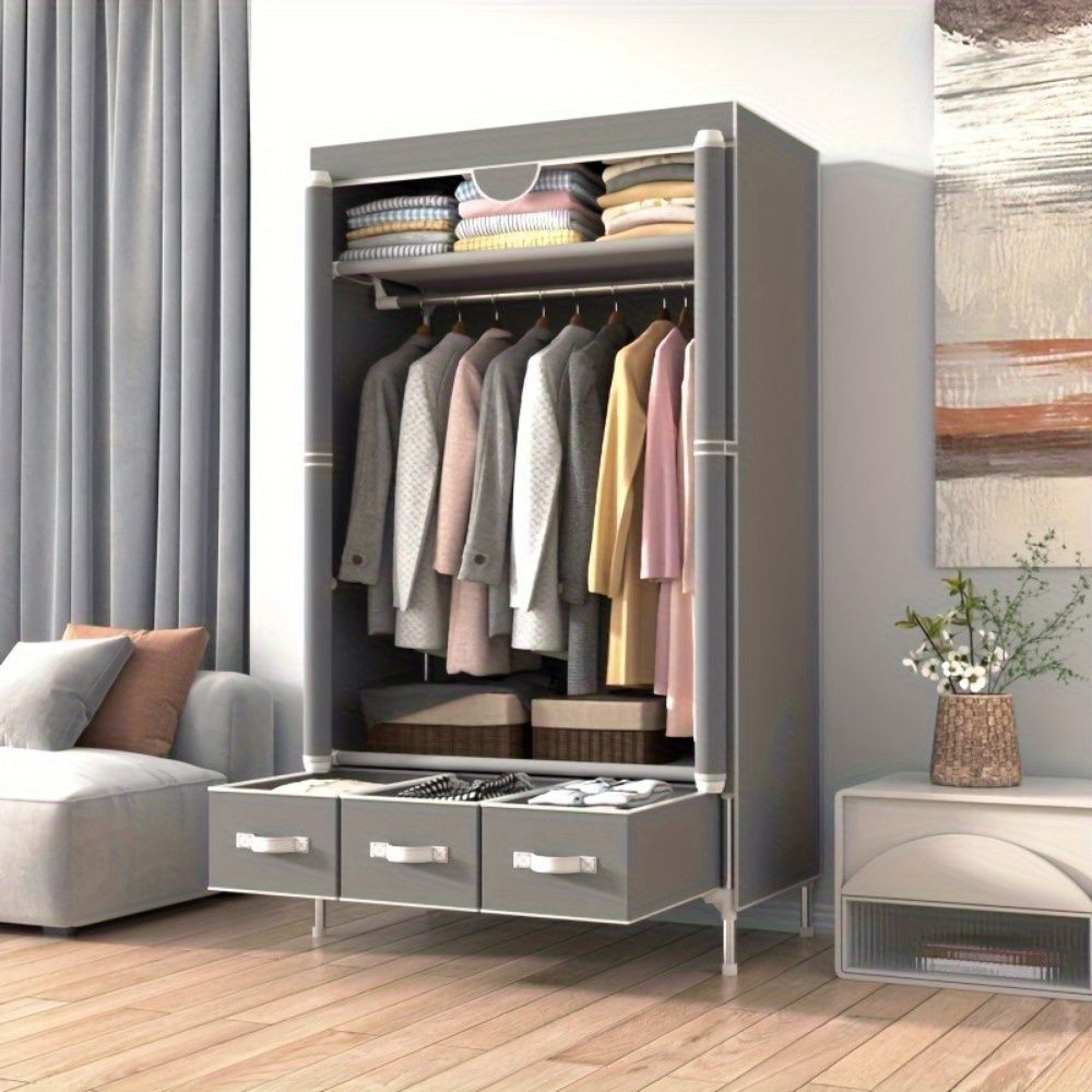 Portable Clothes Closet Rolling Door Wardrobe with Hanging Rack
