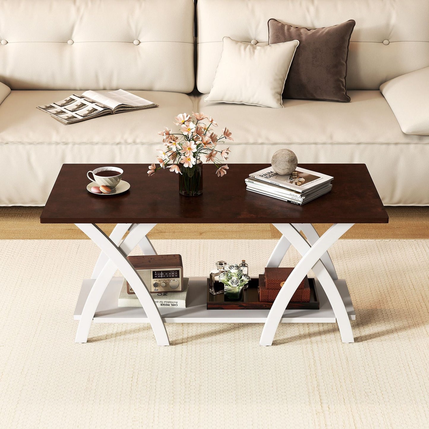 40 Inch Farmhouse Wooden 2-Tier Coffee Table with Storage Shelf for