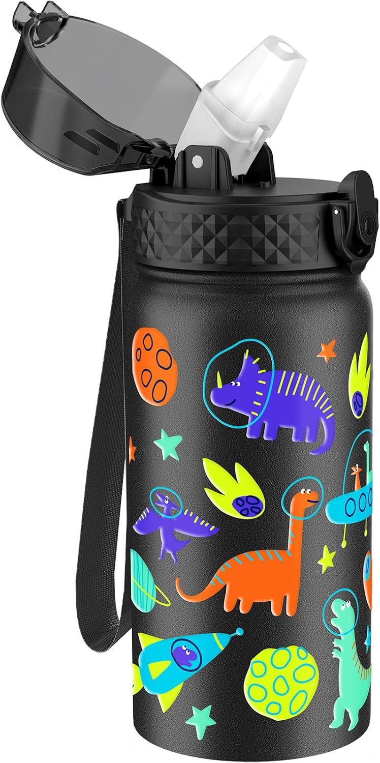 Kids Water Bottle (Straw Lid) - 14 Oz Stainless Steel Travel Bottle,