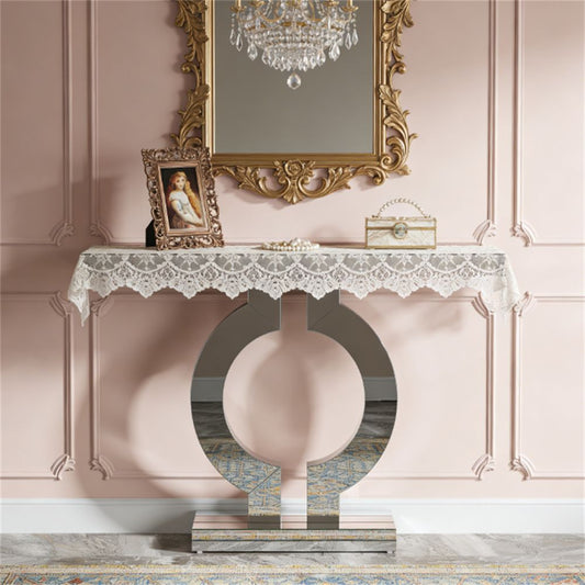 Mirror console, modern sofa table, storage area, elegant display space