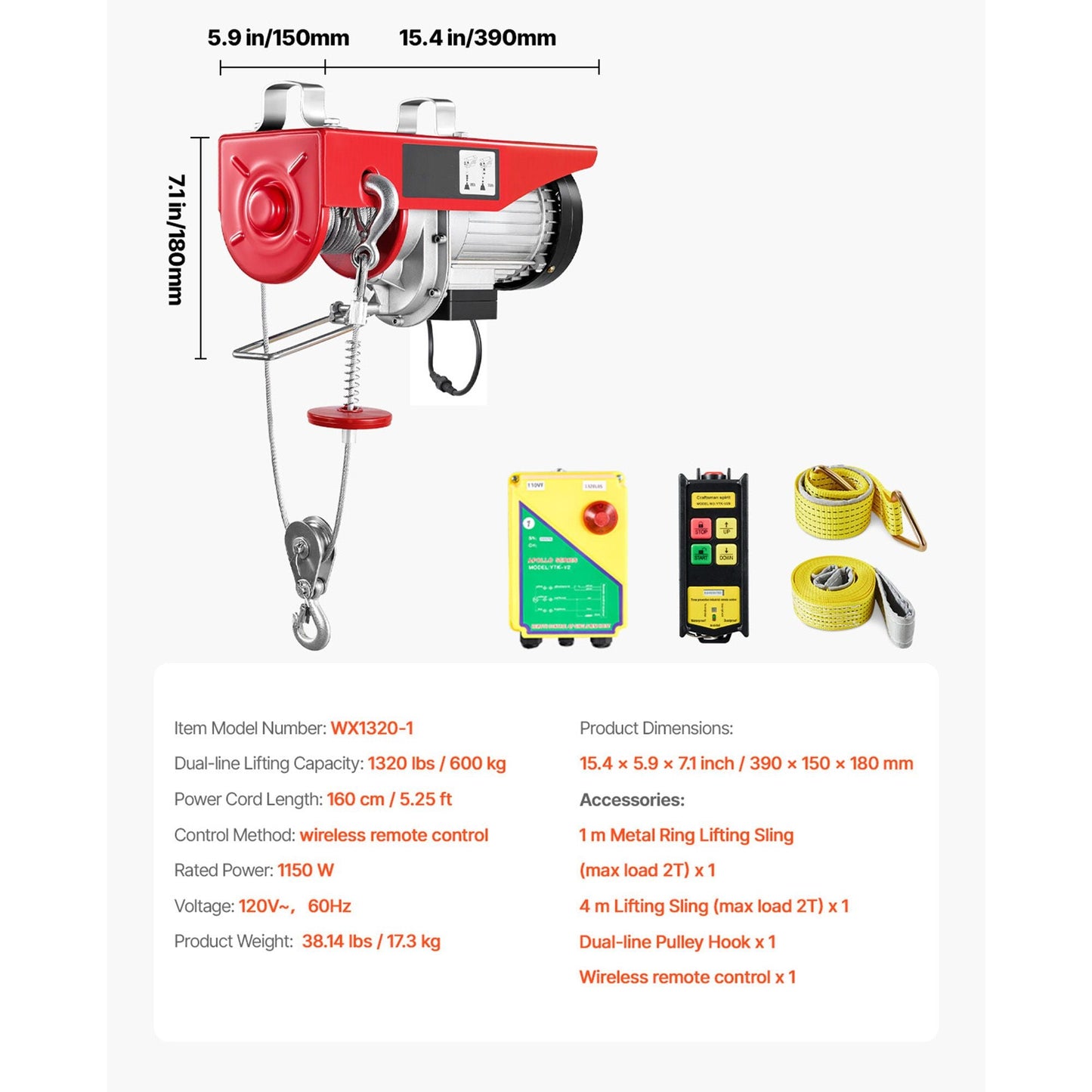 Electric Hoist, 1320 lbs Lifting Capacity, 1150W 110V Electric Steel