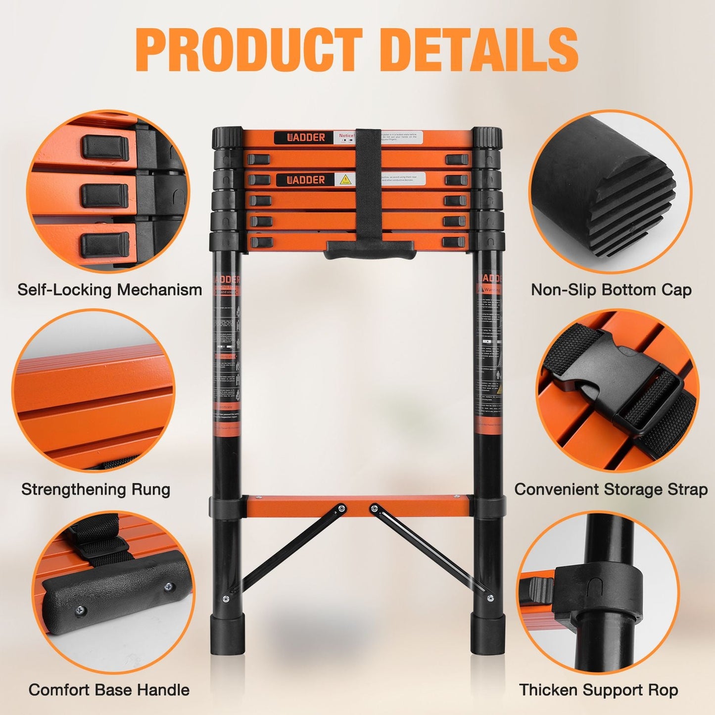 Telescopic Roof Ladder, Heavy-Duty Stainless Steel with Anti-Slip