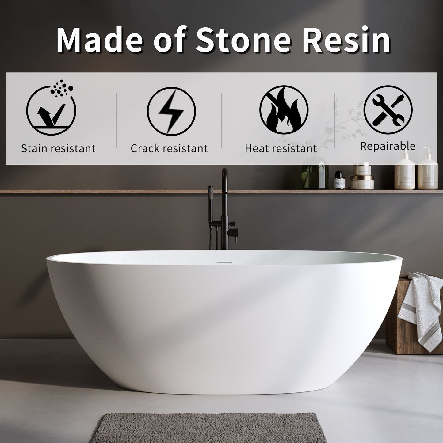 70.8″Solid Surface Matte Tub, Solid Surface Soaking Tub, Stone Resin
