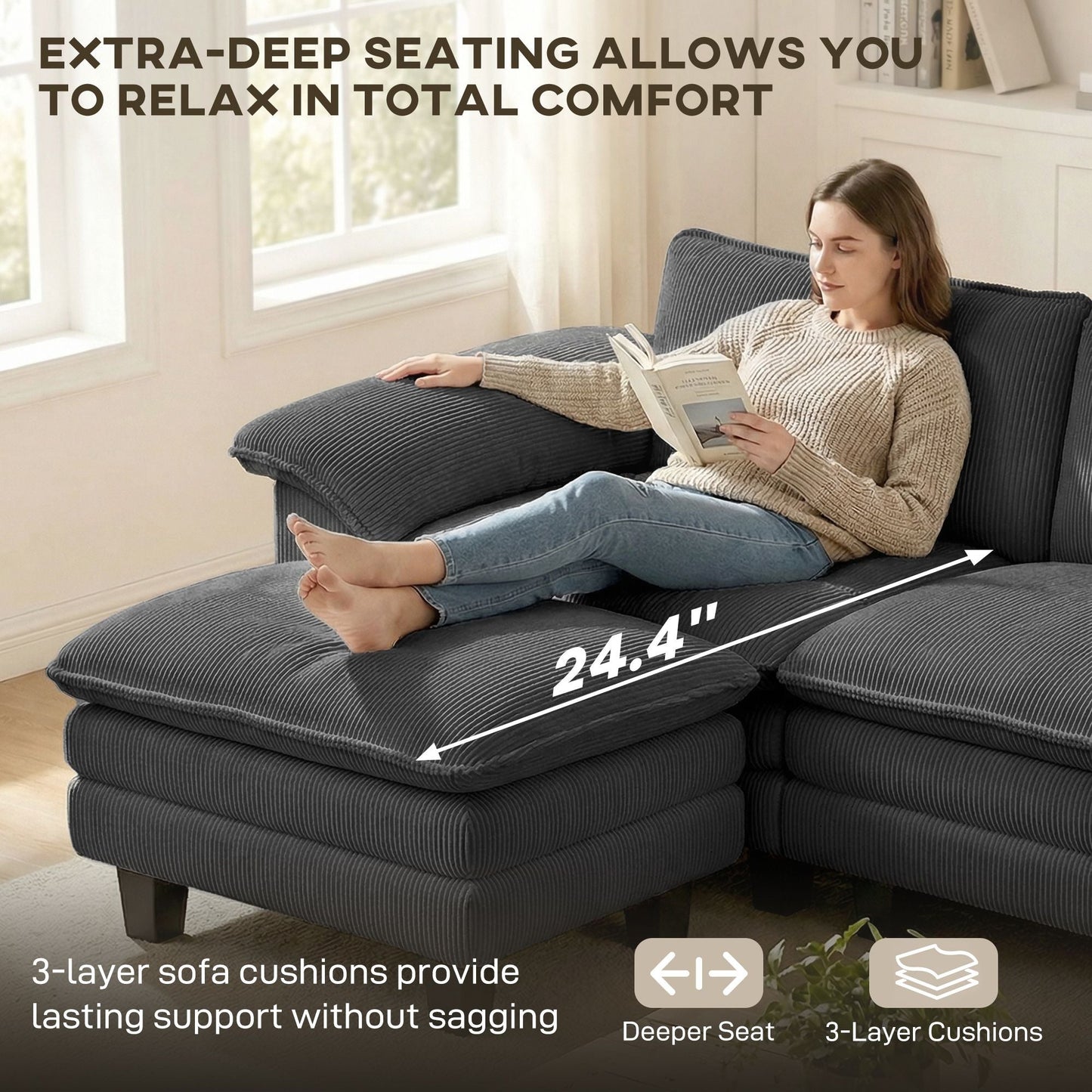 Sectional Sofa, L Shaped Couch with Deep Seat, Movable Ottoman and