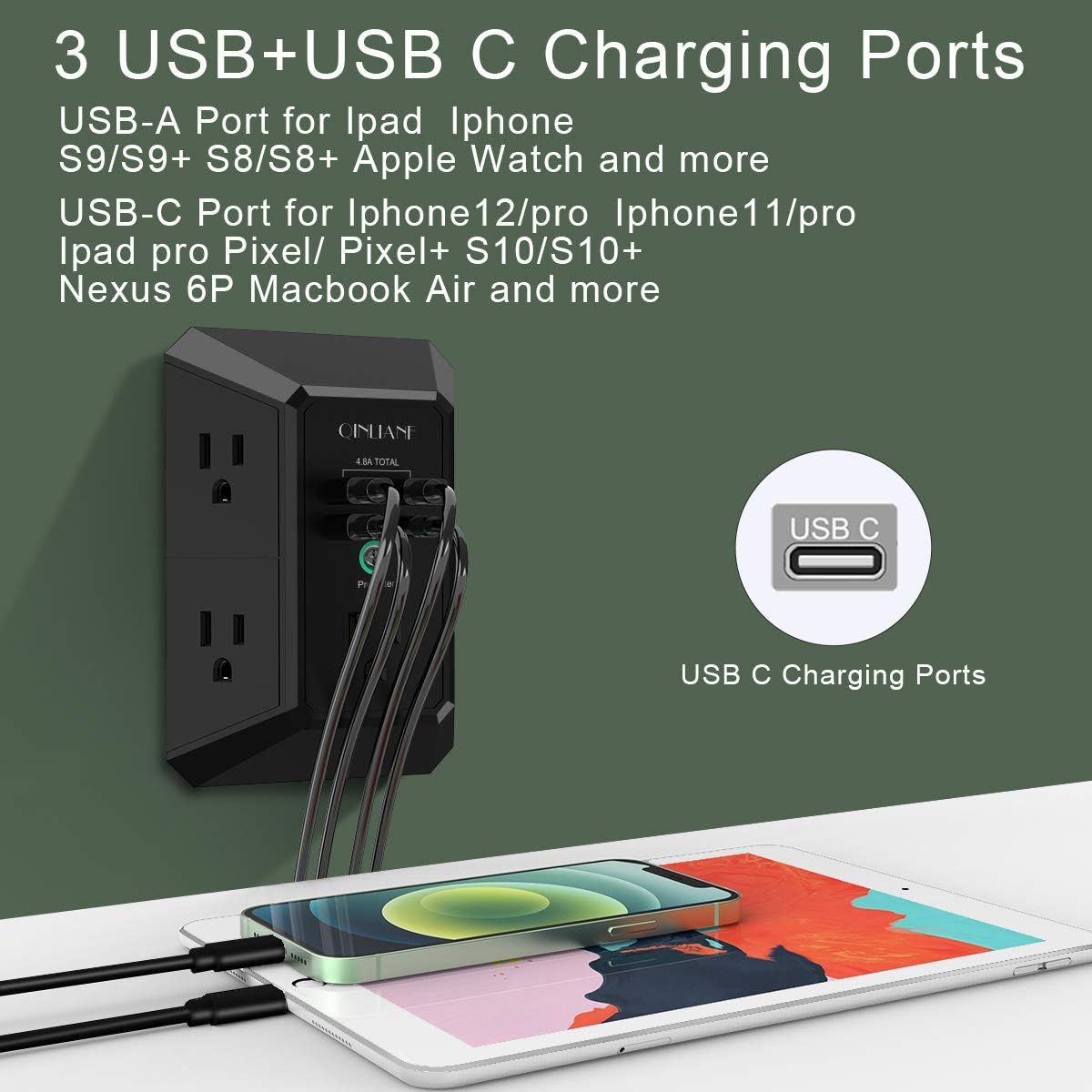 USB Wall Charger, Surge Protector, QINLIANF 5 Outlet Extender with 4
