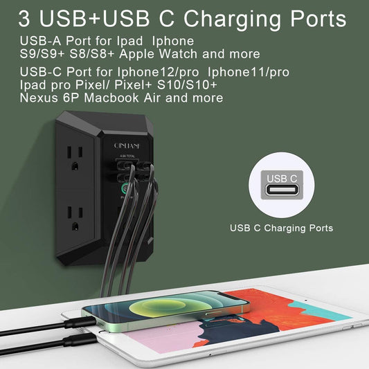 USB Wall Charger, Surge Protector, QINLIANF 5 Outlet Extender with 4