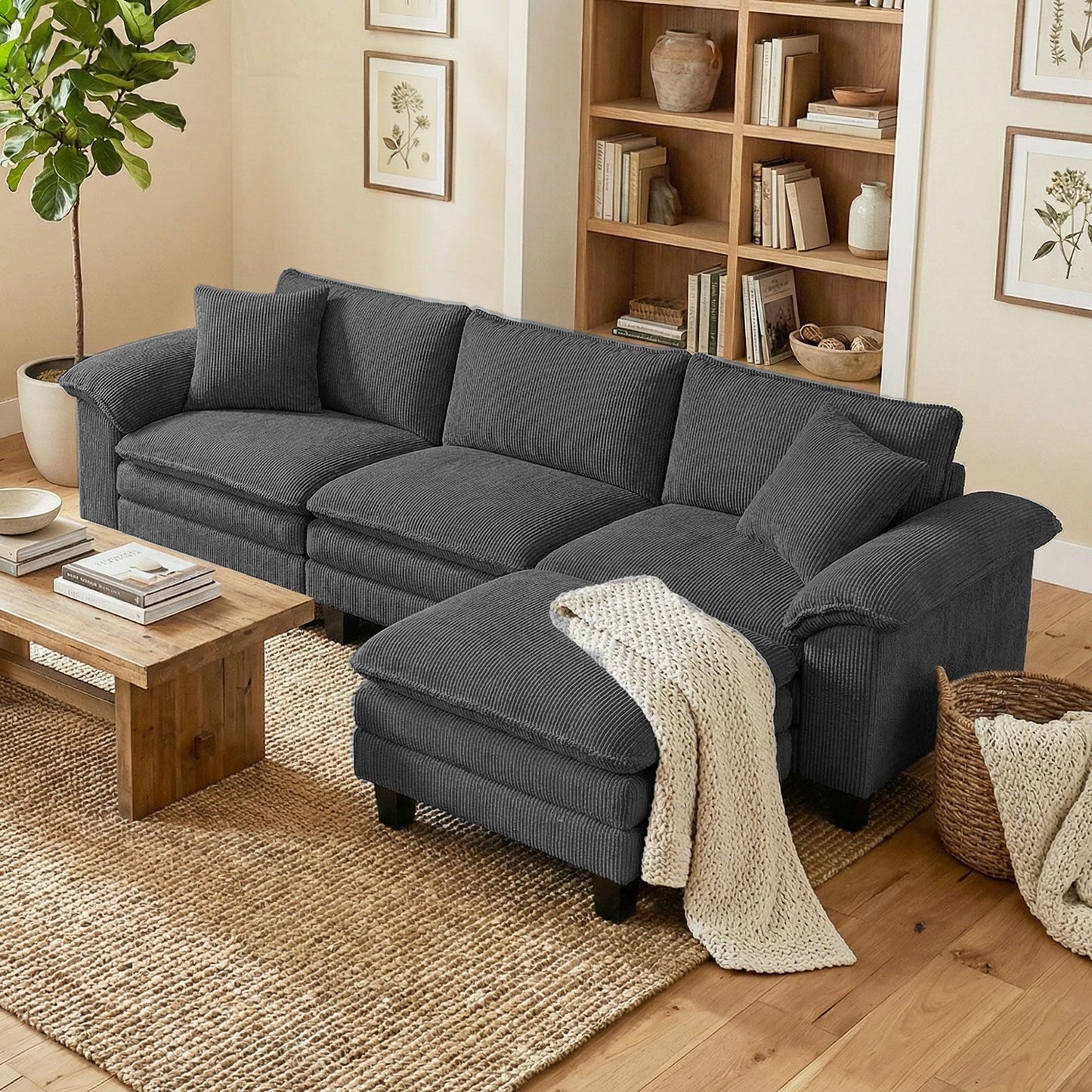 Sectional Sofa, L Shaped Couch with Deep Seat, Movable Ottoman and