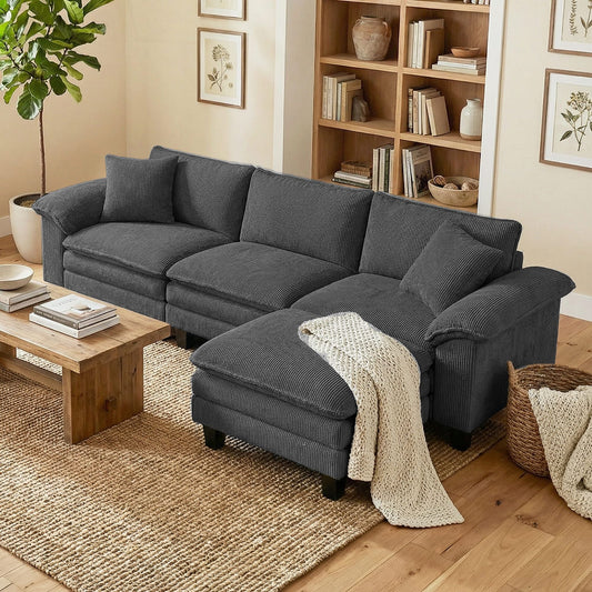 Sectional Sofa, L Shaped Couch with Deep Seat, Movable Ottoman and