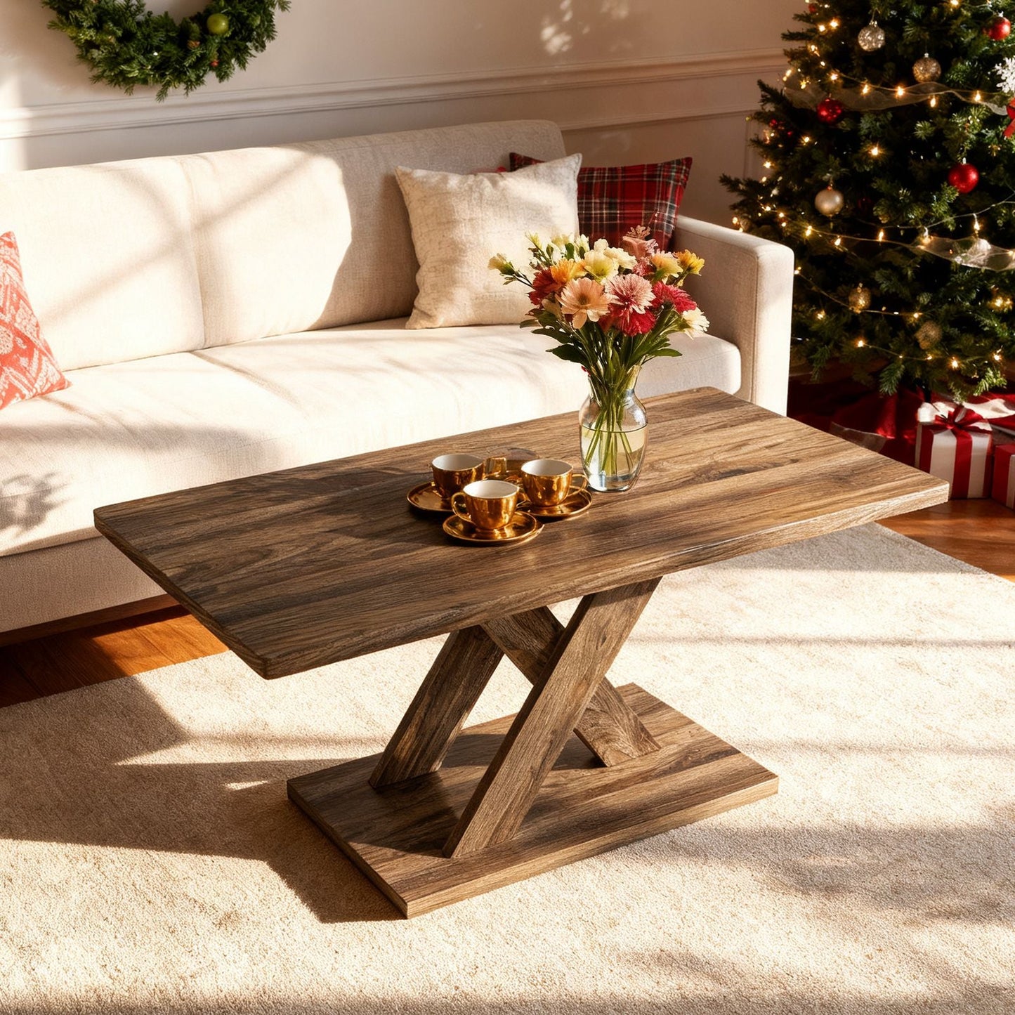37.5 Inch Rectangular Coffee Table with Stable Base and Rubber Wood