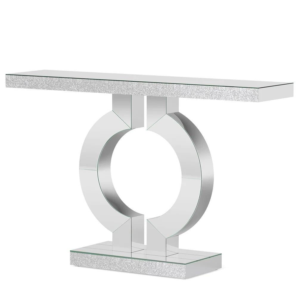 Mirror console, modern sofa table, storage area, elegant display space