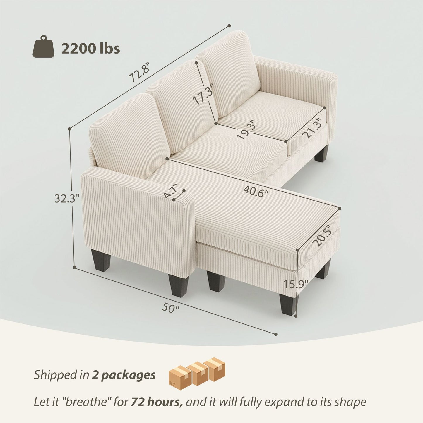Sectional Sofa, L Shaped Couch, with Reversible Chaise or Ottoman,