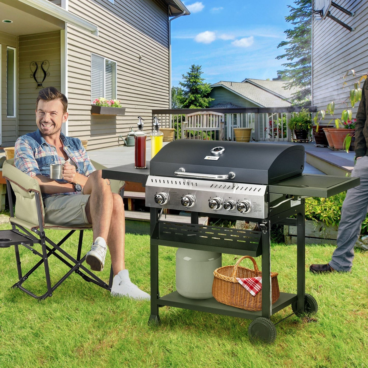 Propane Gas Grill 4+1 Burner 40000 BTU BBQ Trolley with Warming Rack