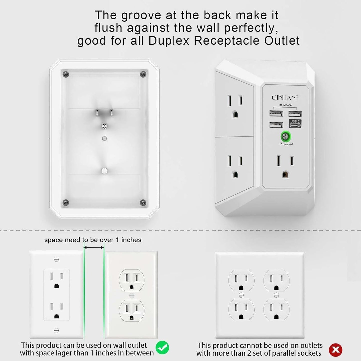 Wall Charger, Surge Protector, QINLIANF 5 Outlet Extender with 4 USB