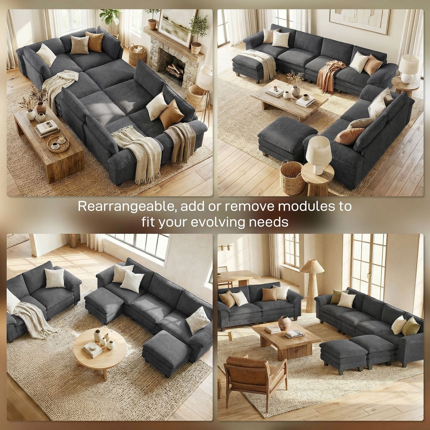 Sectional Sofa, L Shaped Couch with Deep Seat, Movable Ottoman and