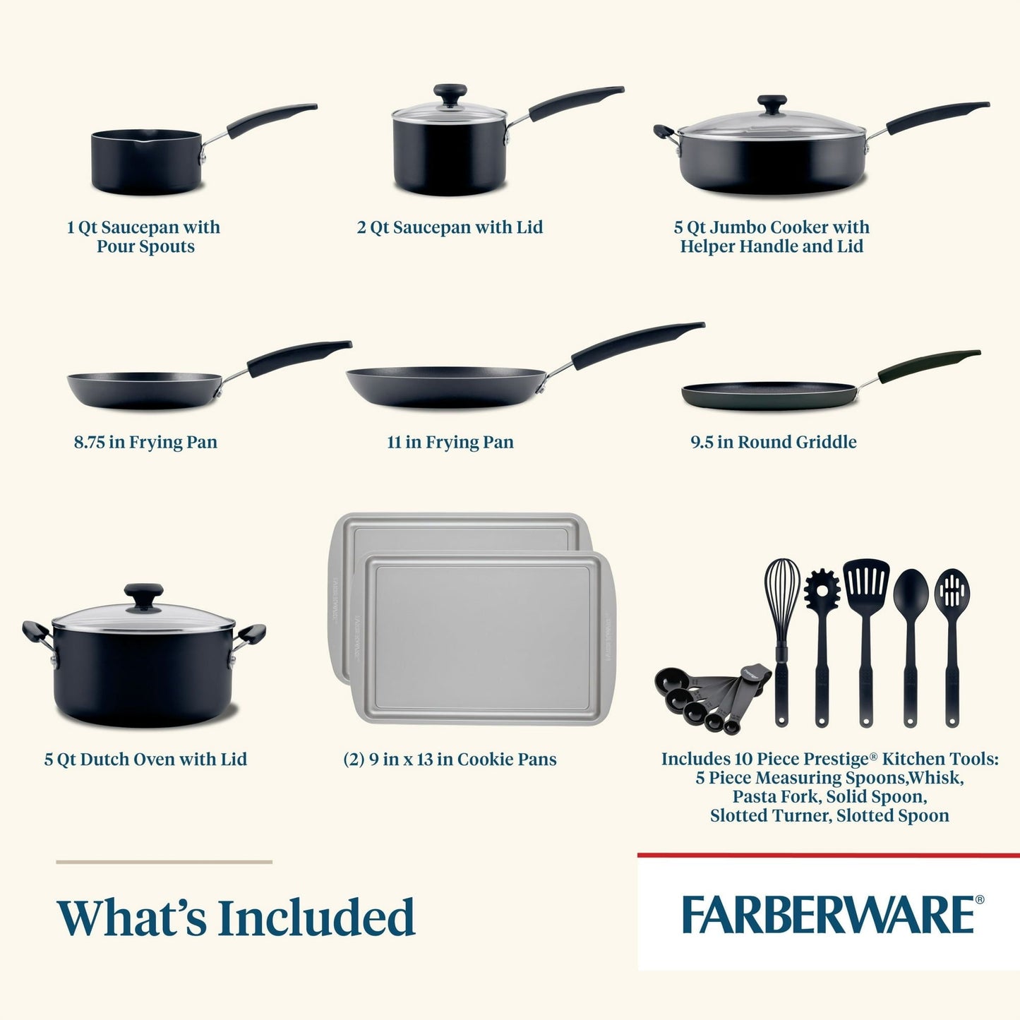 Easy Clean 22 Pcs Nonstick Cookware Set Includes Griddle Pan and