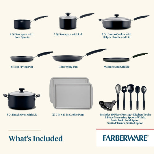 Easy Clean 22 Pcs Nonstick Cookware Set Includes Griddle Pan and