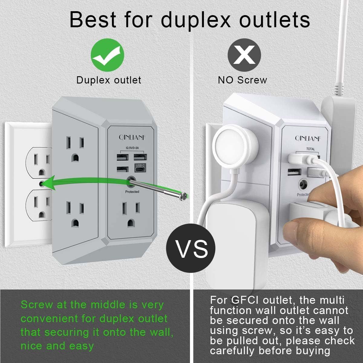 USB Wall Charger, Surge Protector, QINLIANF 5 Outlet Extender with 4