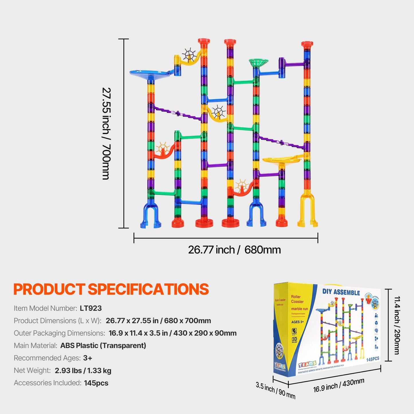 Marble Run Set, 145 Piece Marble Maze Building Block Brain Game, with