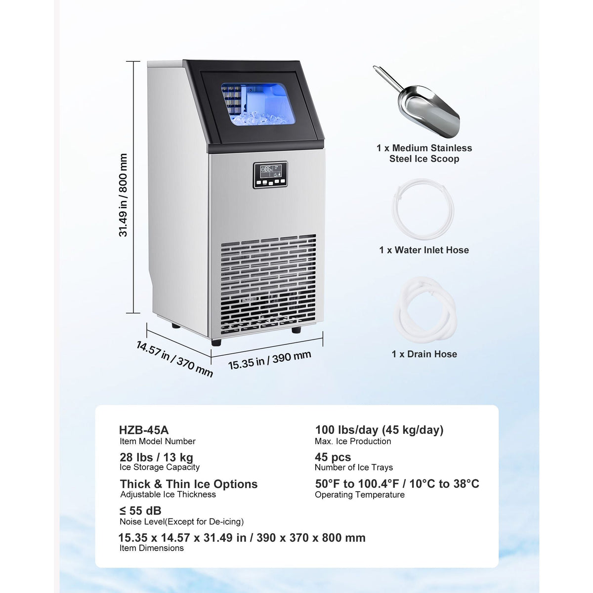 Commercial Ice Maker Machine, 100 lbs/24h with 28Lbs Storage, 45 Cubes