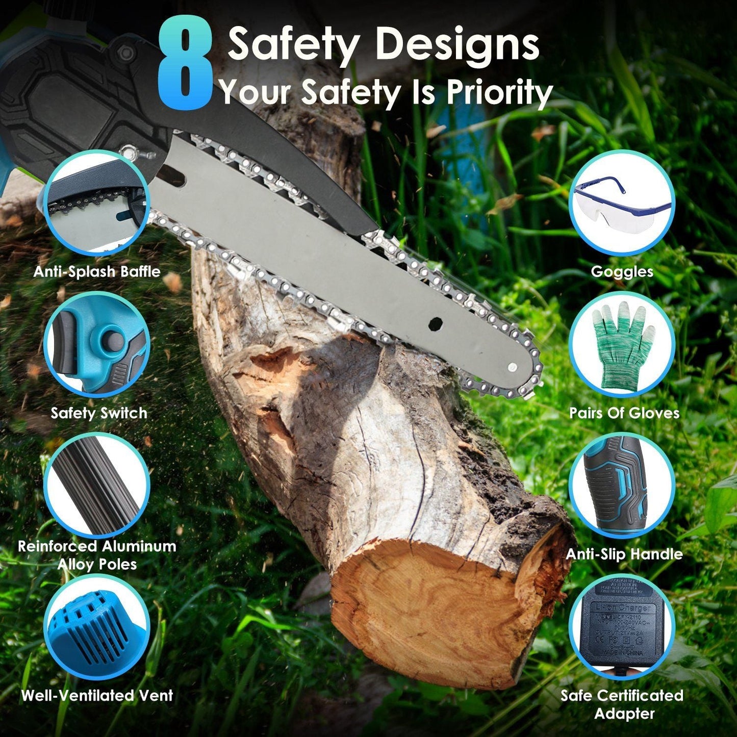 2-In-1 8' Cordless Electric Pole Saw and Mini Chainsaw with Extension