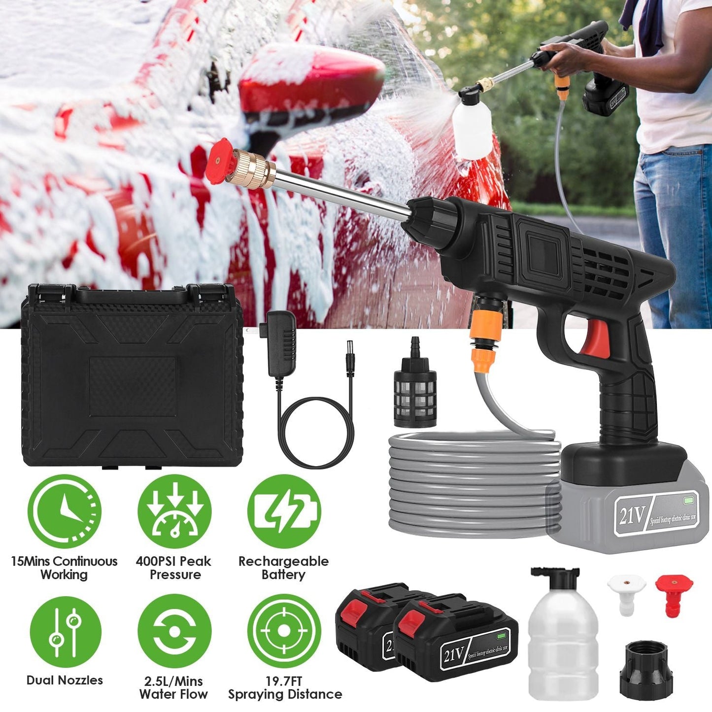 Cordless Pressure Washer 400PSI, 300W Portable Power Washer with 2