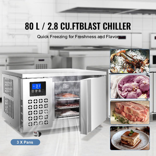 Commercial Blast Freezer, 80 L / 2.8 Cu.ft Blast Chiller with 3 Trays,