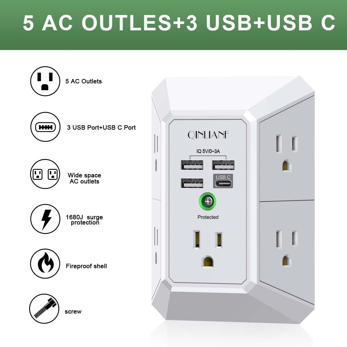 Wall Charger, Surge Protector, QINLIANF 5 Outlet Extender with 4 USB