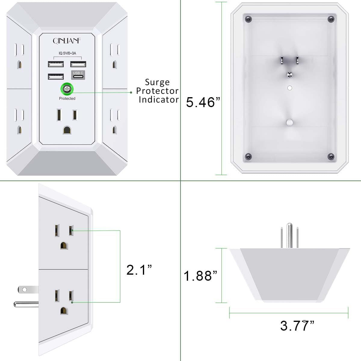 Wall Charger, Surge Protector, QINLIANF 5 Outlet Extender with 4 USB