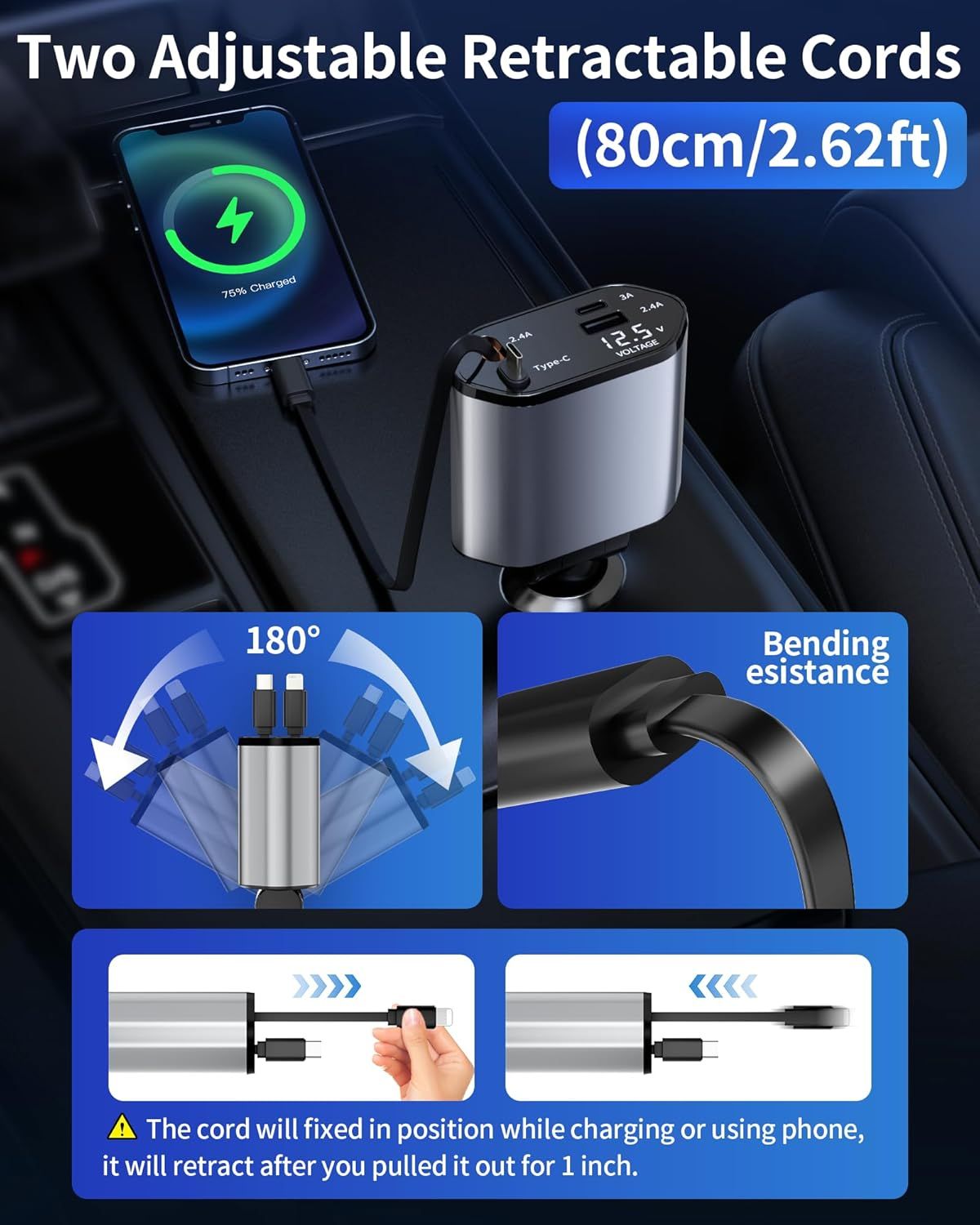 Retractable Car Charger, 4 in 1 Fast Charging Car Charger with USB-C &