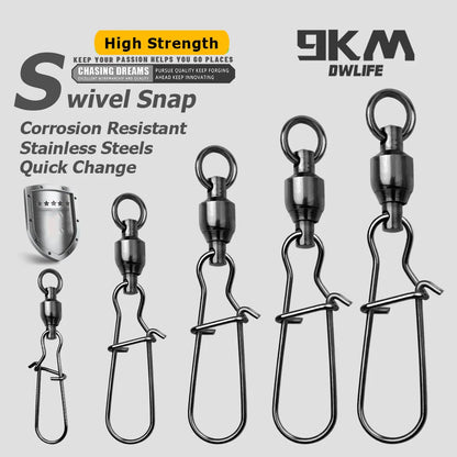 9KM 10PCS Ball Bearing Swivel Snap Duo-lock Snap Swivel Fishing Clip Swivel Line Connector Black Nickel for Saltwater Freshwater