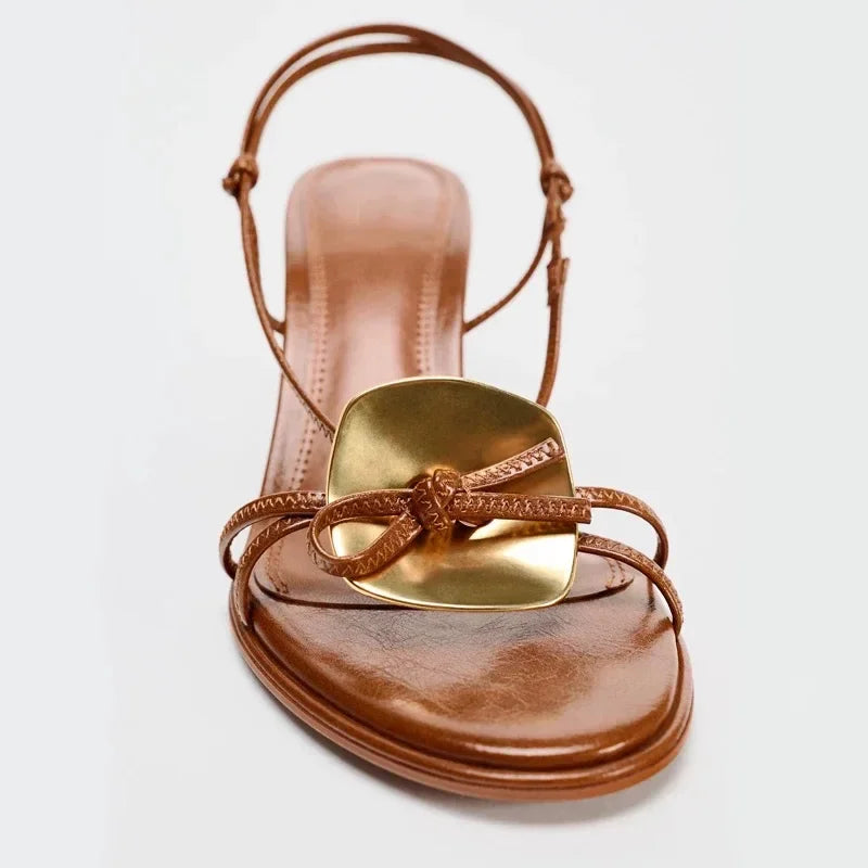 Elegant Metal Decoration Thin Heels Sandals Women Summer New Open Toe Designer Party Dress Shoes Fashion Brand High Heels Ladies