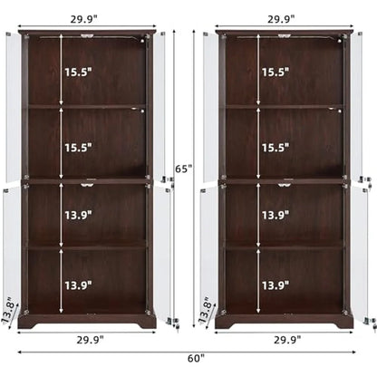 Farmhouse Glass Display Cabinet Set of 2 with Lock Walnut
